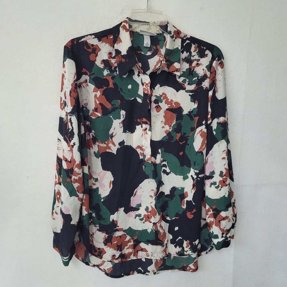 AVA & VIV Women 1X Abstract Print Long Sleeve Button Down Blouse Top Lightweight